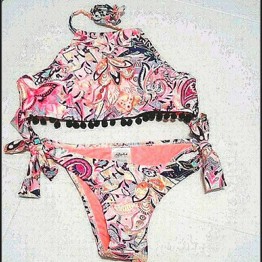 Neon Pink Paisley Boho Print Pom-poms Cheeky Two Piece Bikini Set S